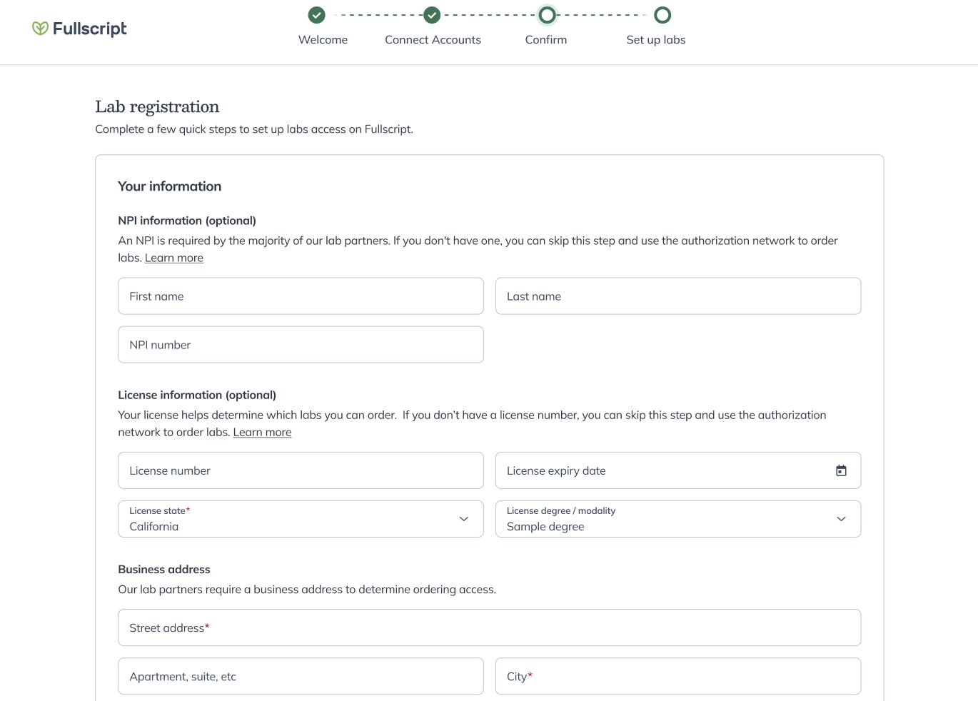 Labs registration screen with fields for NPI, license information, and business address.
